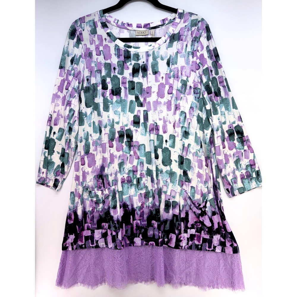 Lori Goldstein Abstract Tunic Top‎ Lace Hem Pockets Sz L Art to Wear Lagenlook